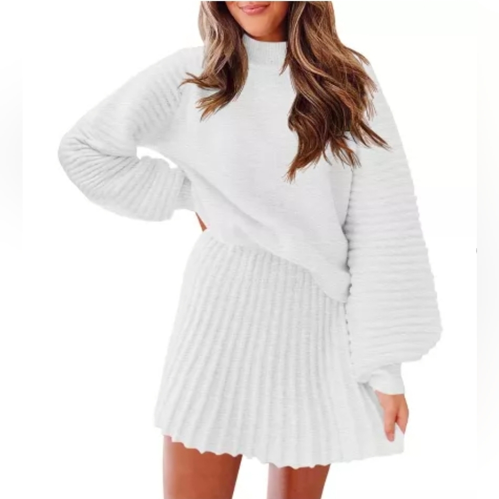 NWOT Imily Bela Sweater & Skirt Set Mock Neck Ribbed Pleated White Outfit Size S
